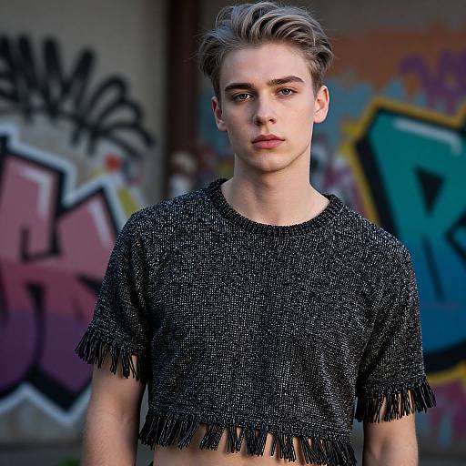 Photograph of a young, light-skinned man with short, styled blonde hair, wearing a black, textured, fringed crop top, standing in