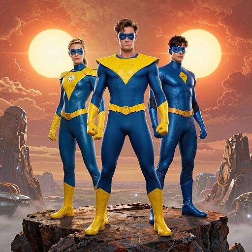 Three male superheroes in blue and yellow suits, blue masks, yellow gloves and boots, stand on rocky cliff at sunset.