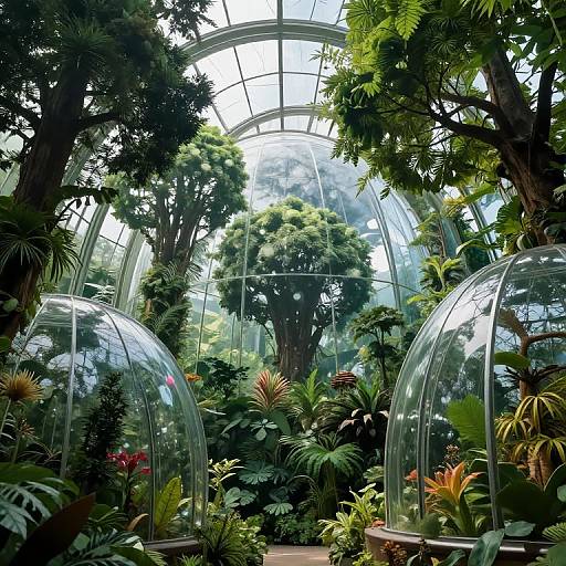 Photograph of a lush, tropical greenhouse with two glass domes, vibrant plants, ferns, and tall trees under a large arched glass roof
