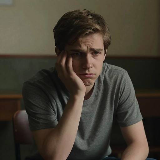 Photograph of a young man with short brown hair, wearing a grey t-shirt, resting his cheek on his hand, looking pensively into the distance