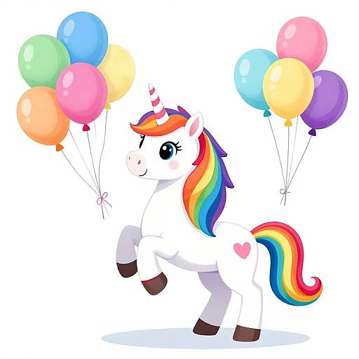 Cute digital illustration of a white unicorn with a rainbow mane and tail, holding colorful balloons, standing on one leg with a cheerful expression.