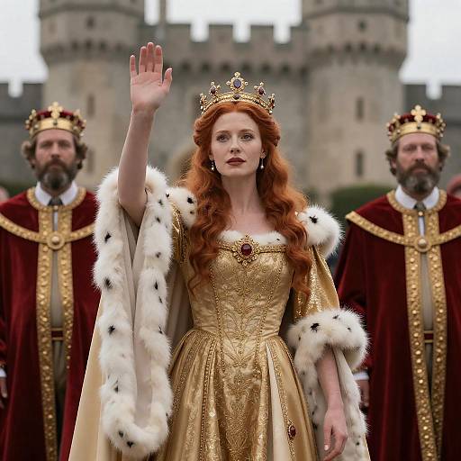 Regal Red-Haired Queen with Courtiers