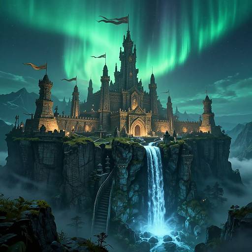 Fantasy Mountain City Under Aurora