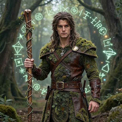 Photorealistic fantasy image of a rugged, long-haired man in moss-covered leather armor, holding a vine-wrapped staff, surrounded by glowing runes in