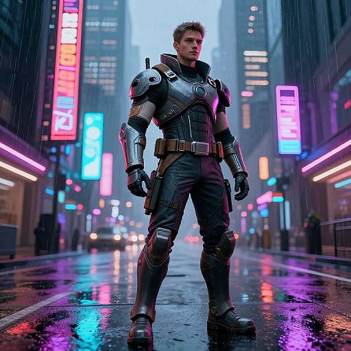 Cyberpunk soldier in metallic armor stands on a rain-soaked city street, neon lights reflecting on wet pavement, futuristic urban scene.
