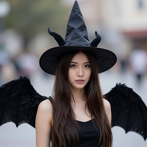 Photograph of an Asian woman with long black hair, wearing a black witch hat and bat wings, in a blurred urban background.