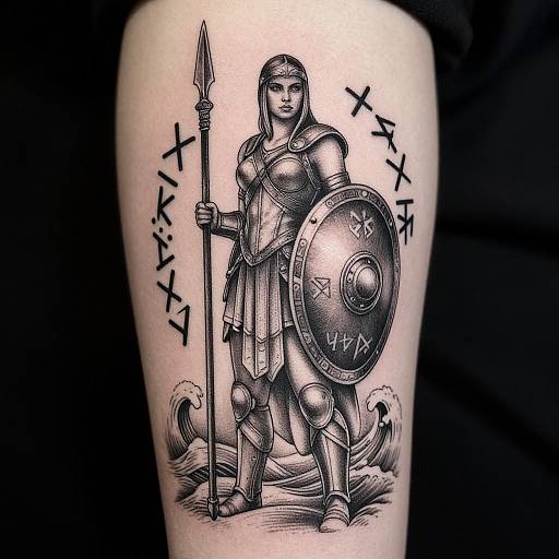 Black and white tattoo of armored female warrior with spear and shield, runes behind, standing on waves. Photographed leg.