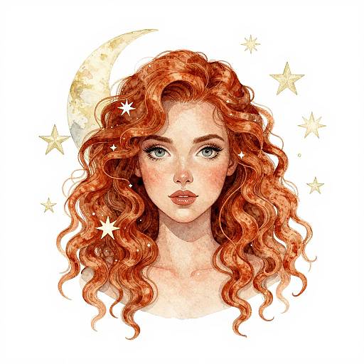 Watercolor illustration of a fair-skinned, red-haired woman with wavy locks, blue eyes, and a crescent moon halo, surrounded by stars