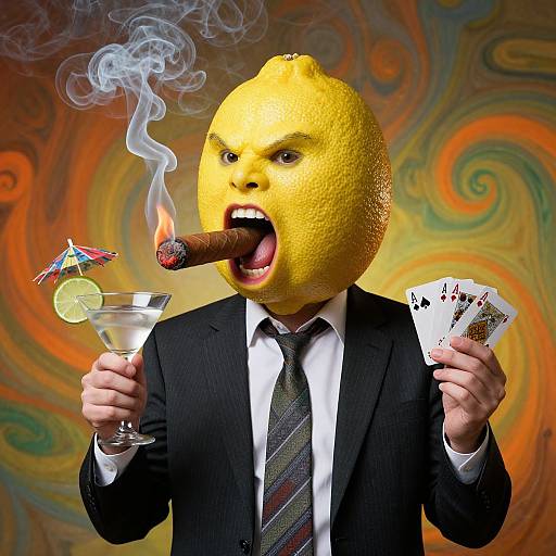 Photograph of a man in a black suit, tie, and white shirt, with a lemon head, smoking cigar, holding martini and cards,