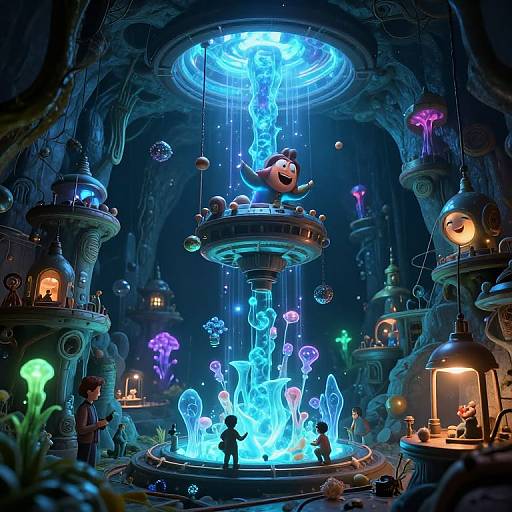Fantastical CGI scene: A vibrant, glowing blue waterfall cascades from a circular dome, illuminating a cavern filled with floating jellyfish-like creatures