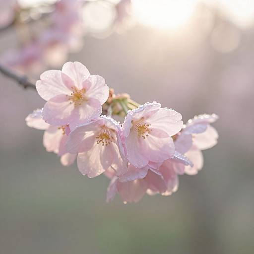 Close-up photograph of delicate pink cherry blossoms with dewdrops, softly illuminated by sunlight, against a blurred, pastel-colored background.