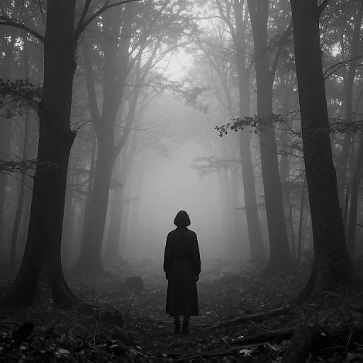 Silhouetted person in hooded coat walks down misty, fog-filled forest path, surrounded by tall, shadowy trees in black-and-white