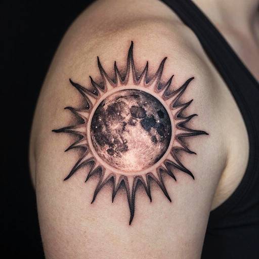 Photograph of a tattoo on a pale arm, featuring a black sun with a detailed, textured moon center and black, spiky rays. Wearing