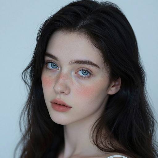 Photograph of a young woman with fair skin, blue eyes, rosy cheeks, and long dark brown hair against a white background.