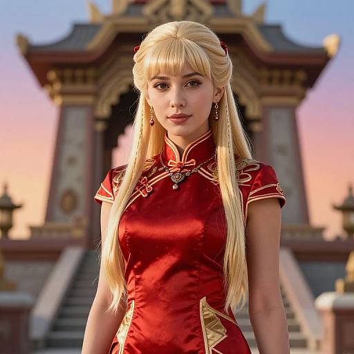 Photorealistic CGI of a blonde woman in a red Chinese cheongsam with gold trim, standing in front of a ornate, traditional Asian-style