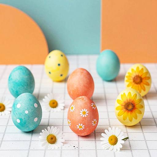 Vibrant Hand-Painted Eggs and Daisies
