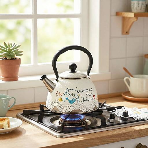 Photograph of a white, whimsical tea kettle with colorful text 