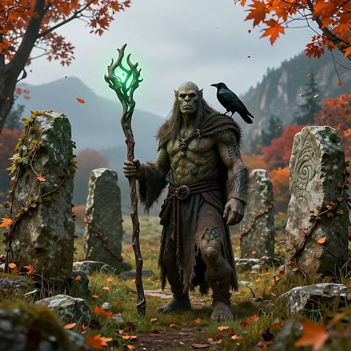 Digital artwork of a muscular, green-skinned, werewolf-like sorcerer with a glowing green staff, black crow, autumn forest, and ancient stone