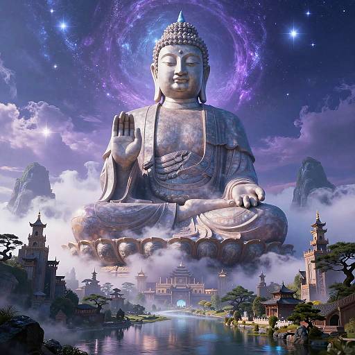 Mystical Giant Buddha in Fantasy Landscape