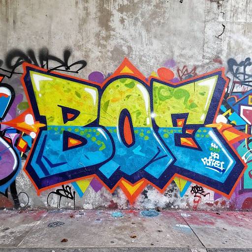 Vibrant graffiti on a weathered concrete wall featuring bold, colorful text 