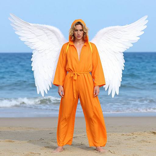Photograph of a blonde woman in an orange prison jumpsuit with white angel wings, standing barefoot on a sandy beach with blue ocean and sky in