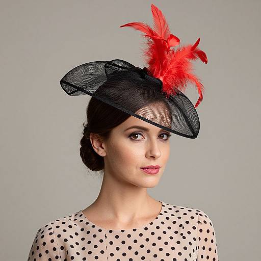 Photograph of a woman with fair skin, dark hair in a bun, wearing a black mesh hat with red feathers, and a beige polka dot