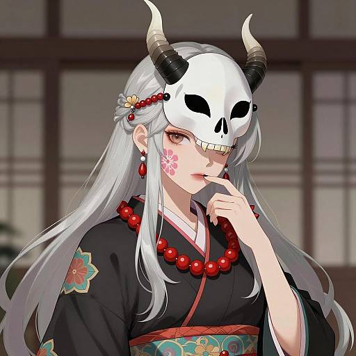 Anime Woman in Kimono with Skull Mask