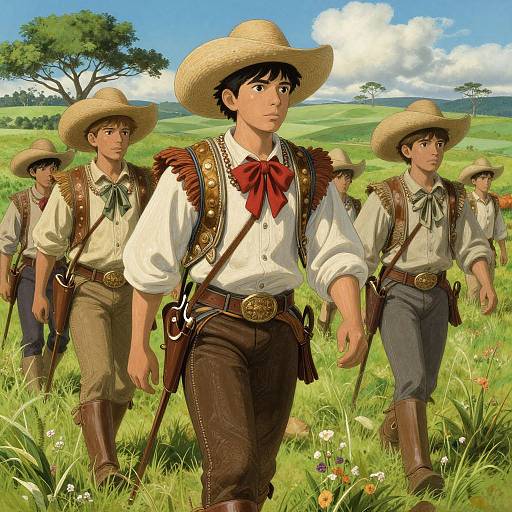 Digital illustration of five young men in traditional cowboy attire, straw hats, white shirts, brown vests, and belts, walking through a vibrant green meadow