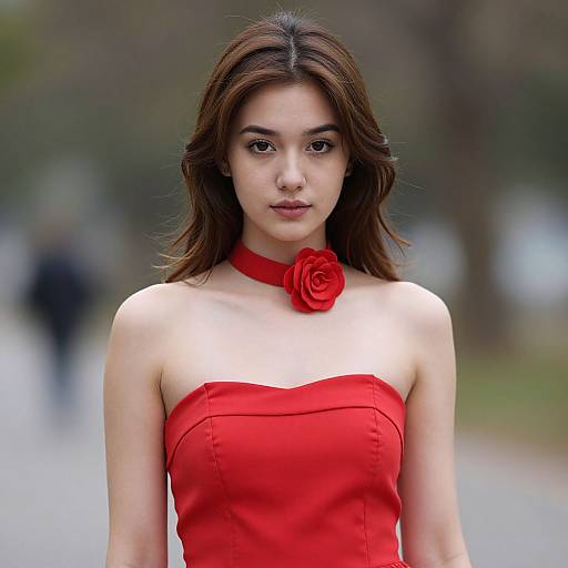 Photograph of a young woman with medium-length brown hair, wearing a strapless red dress and a red rose choker, standing outdoors with a blurred
