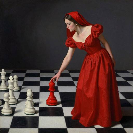 Photograph of a fair-skinned woman in a red dress and veil, leaning over a black-and-white chessboard, touching a large red pawn.