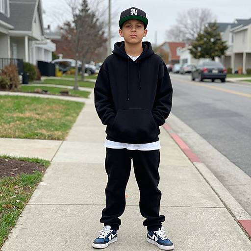 Photograph of a young boy in a black hoodie, black pants, white shirt, black cap, and blue sneakers, standing on a suburban sidewalk.