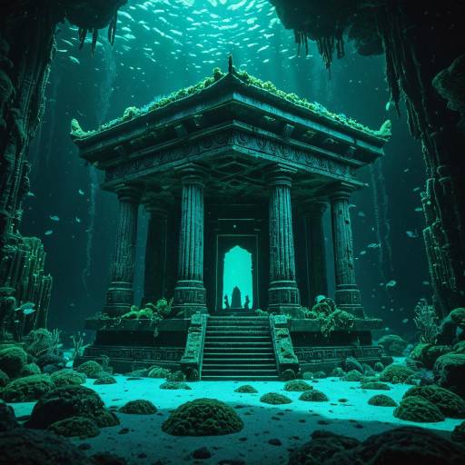 Eerie Underwater Temple with Bioluminescent Algae