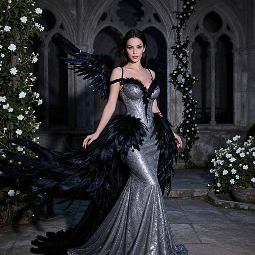 Photograph of a dark-haired woman in a silver sequin mermaid gown with black feather wings, standing in a gothic archway surrounded by white