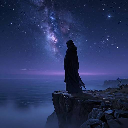 Silhouetted figure in long cloak stands on rocky cliff, gazing at starry, Milky Way-lit night sky over calm sea. Digital