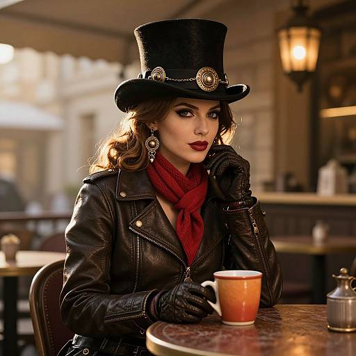 Steampunk woman with black top hat, red scarf, leather jacket, and gloves, sips from orange mug in vintage café.