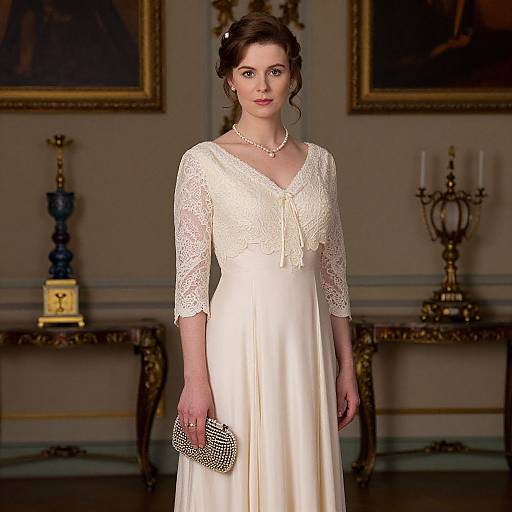 Photograph of a fair-skinned woman with brown hair in an elegant white lace and satin wedding gown, holding a silver clutch, standing in a luxurious