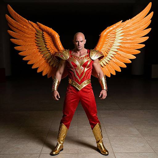 Photograph of a bald, muscular man with large, vibrant orange feathered wings, wearing a red and gold superhero-like costume, standing confidently in a