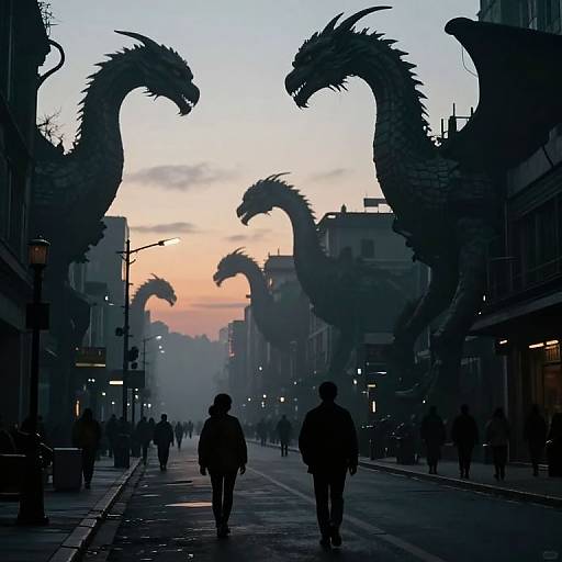 Photograph of a city street at dusk, silhouetted against a pastel sunset, with three large, dragon-like creatures looming over pedestrians.