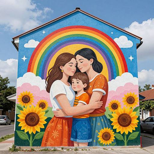 Photograph of a colorful mural depicting a loving family with sunflowers, rainbow, and clouds, against a suburban house backdrop.