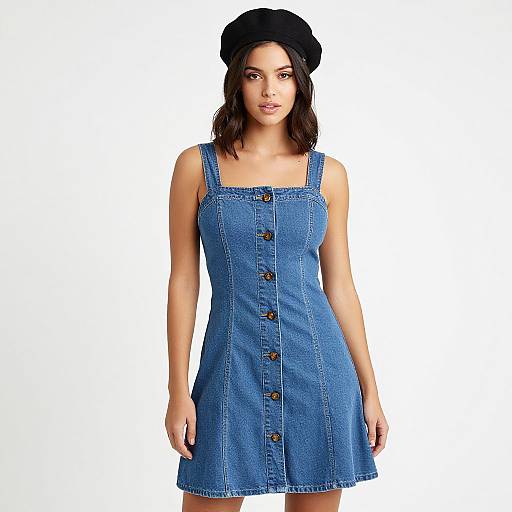 Photograph of a young woman with fair skin and dark hair, wearing a black beret, blue denim dress with black buttons, and standing against a