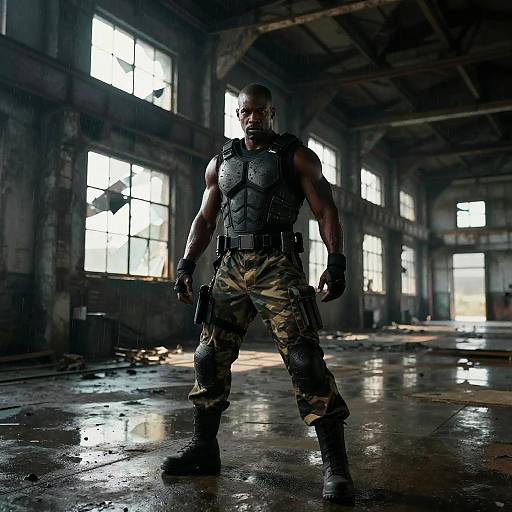 Photograph of a muscular black man in tactical gear, camo pants, and vest, standing confidently in a dimly lit, abandoned industrial building with