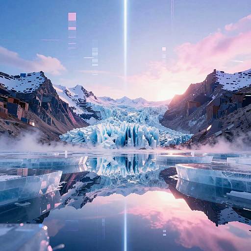 Digital artwork of a glowing blue glacier between snow-capped mountains, reflecting in a still, mirror-like water surface with pixelated overlays.