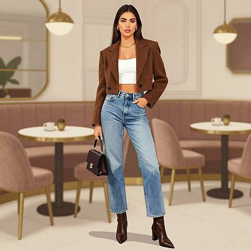 Woman in Brown Cropped Blazer and Denim Jeans in Tea Room