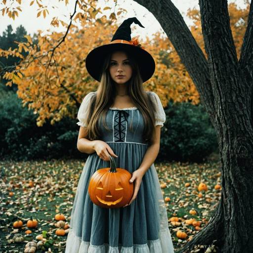 Woman in Witch Costume Holding Jack-o'-Lantern