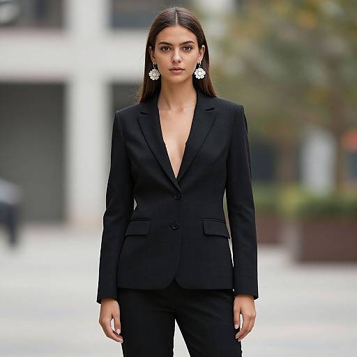 Photograph of a confident, dark-haired woman with fair skin, wearing a black, deep V-neck blazer and pants, and large white earrings,