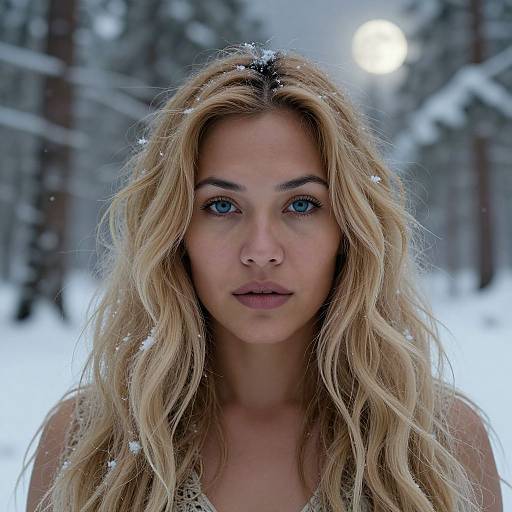 Close-up photograph of a blonde woman with blue eyes, wavy hair dusted with snow, standing in a snowy forest at night.
