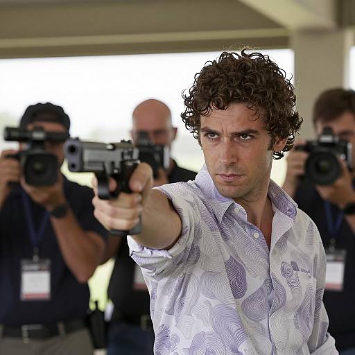 Intense Man with Handgun in Dim Room