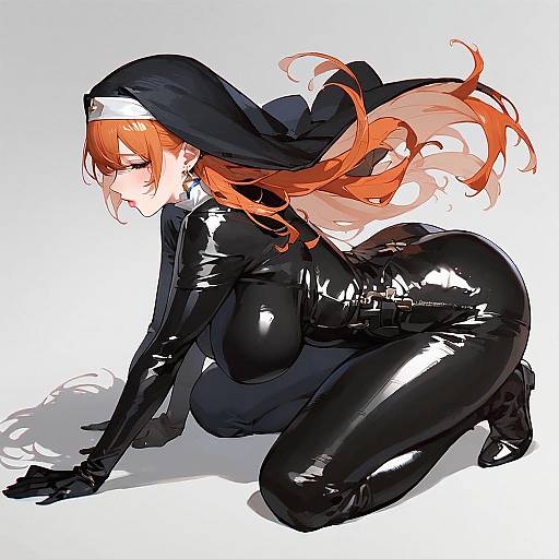 Anime Nun in Black Latex Bodysuit