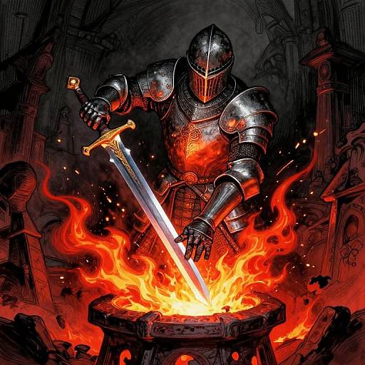 Knight Forging Sword in Fiery Crucible