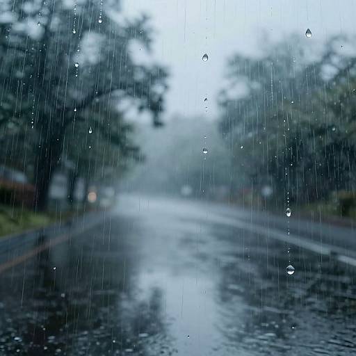 Photograph of a rain-soaked, foggy street viewed through a window with droplets, showing blurred trees and a wet, reflective road.